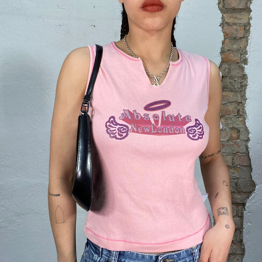 Vintage 2000's Downtown Girl Pink Tanktop with 'Absolute New London' Print (S/M)