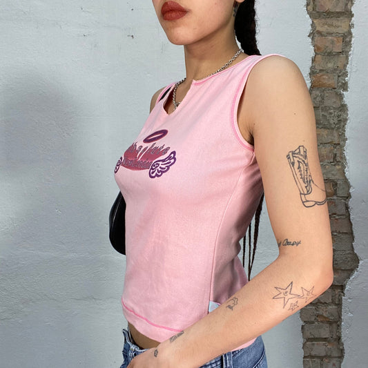 Vintage 2000's Downtown Girl Pink Tanktop with 'Absolute New London' Print (S/M)