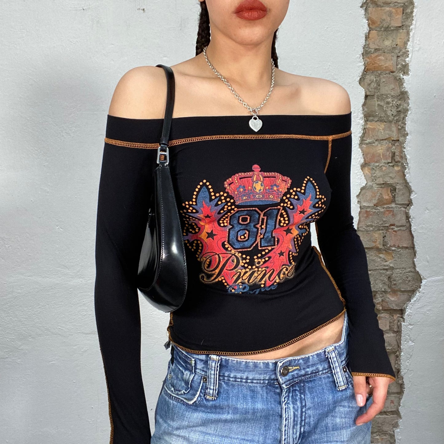 Vintage 2000's Punky Black Off Shoulder Top with 'Prince' and Crown Print (S)