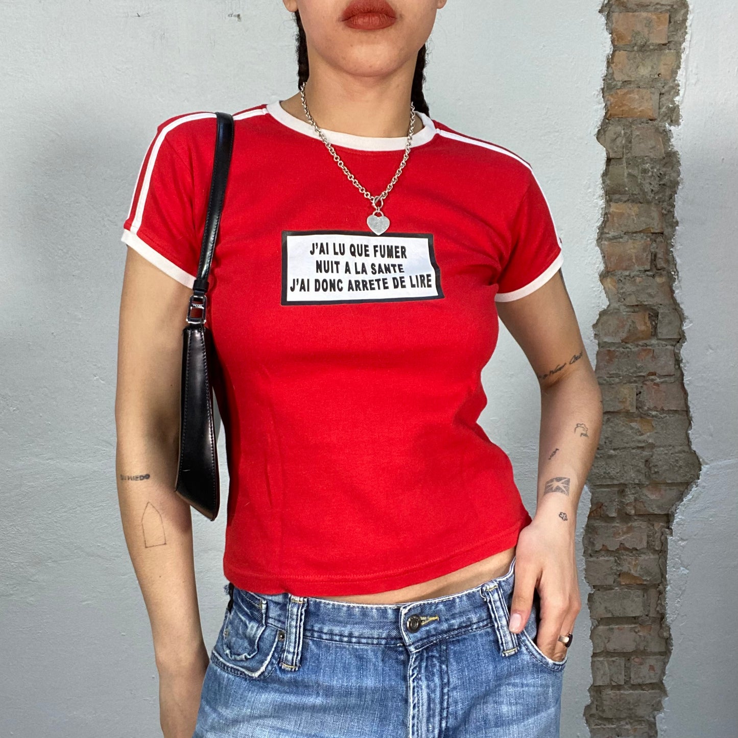 Vintage 2000's Funky Red Baby Tee with French Sentence Print (S)