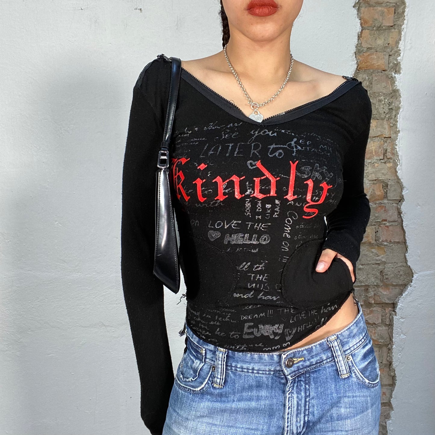 Vintage 90's Gothic Black Top with Zipper Collar and Goth Writing Print (S)