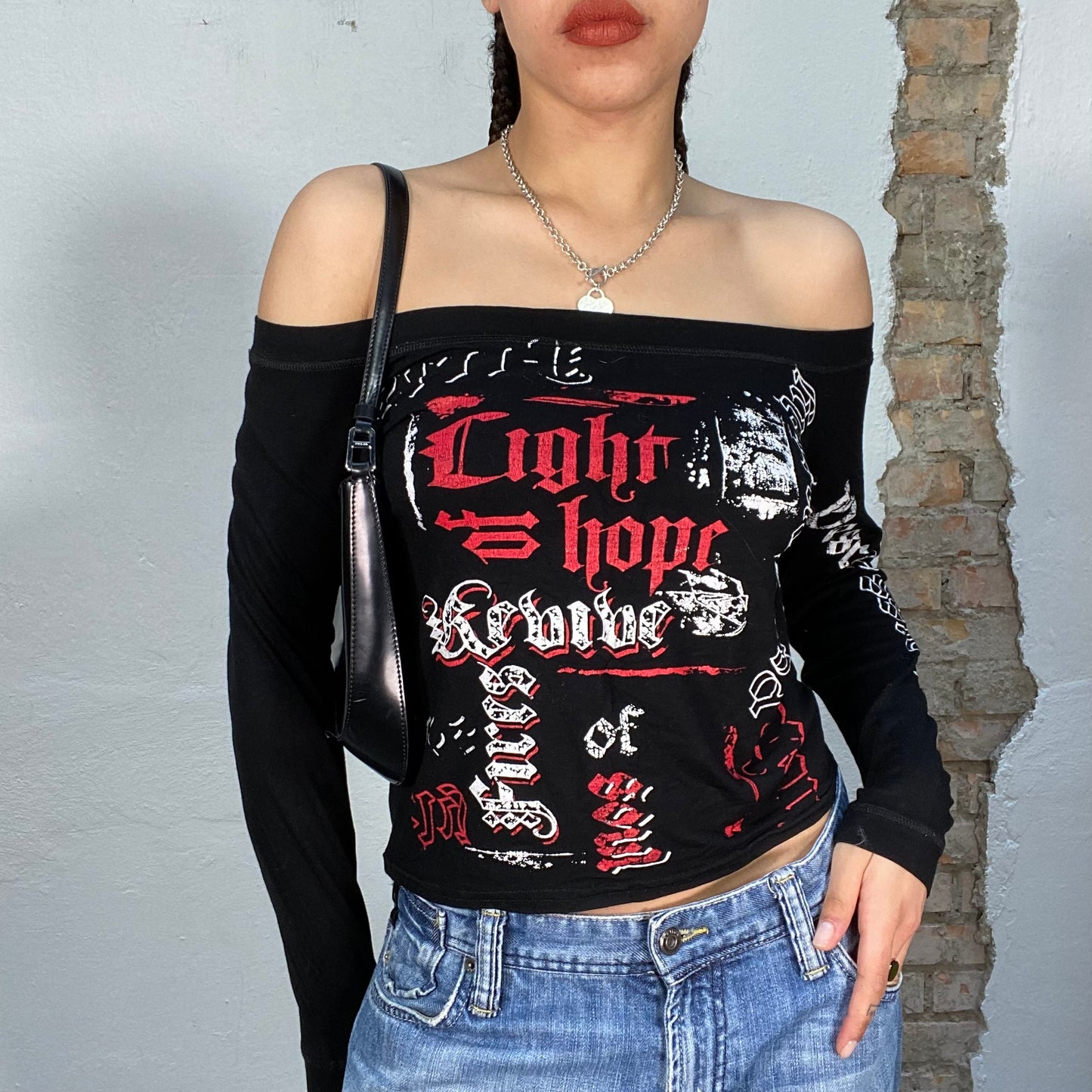 Vintage 90's Gothic Black Off Shoulder Top with Goth Writing Print (S)