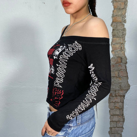 Vintage 90's Gothic Black Off Shoulder Top with Goth Writing Print (S)