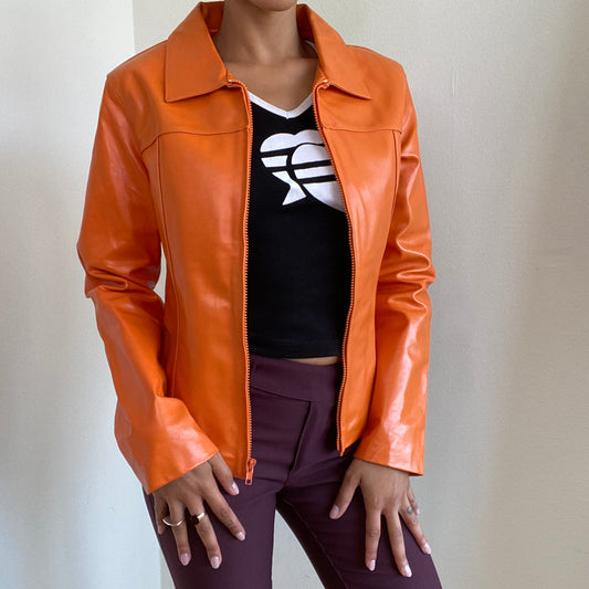 Vintage 90’s Funky Orange Faux Leather Jacket with Zipper (S/M)