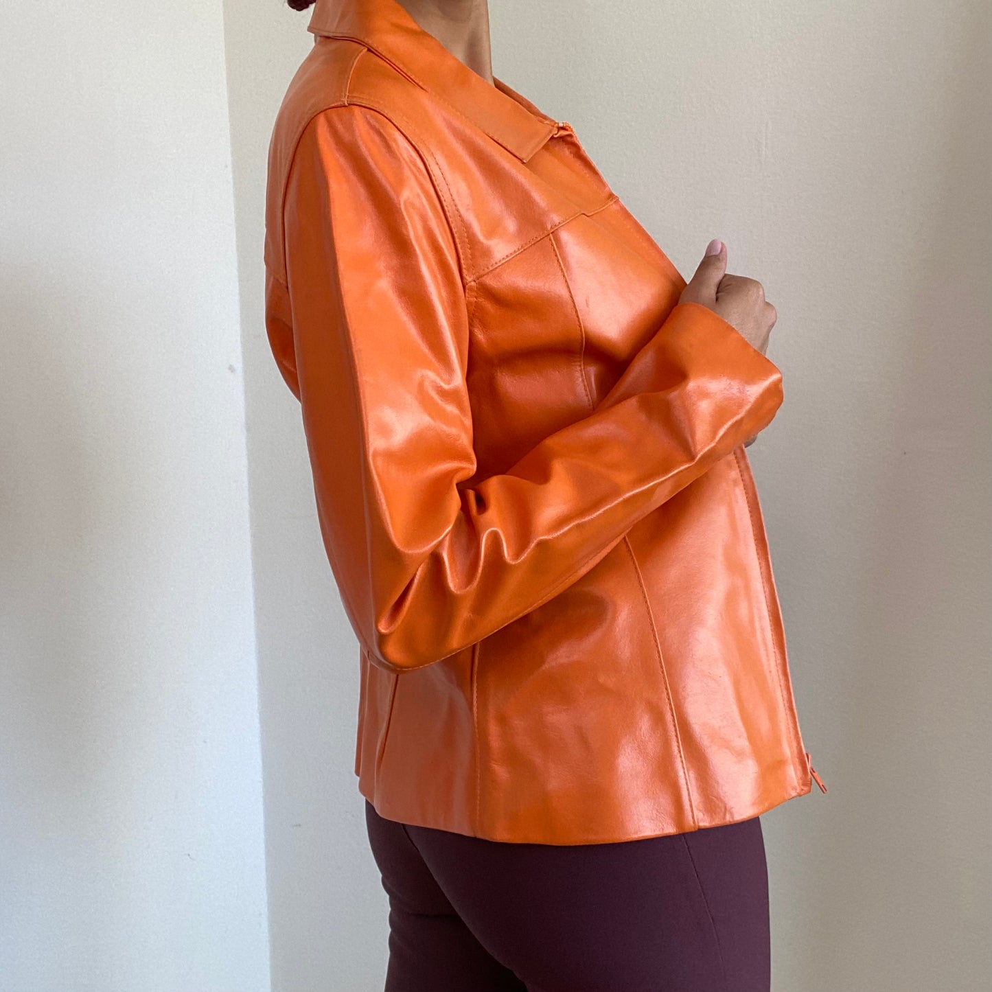 Vintage 90’s Funky Orange Faux Leather Jacket with Zipper (S/M)