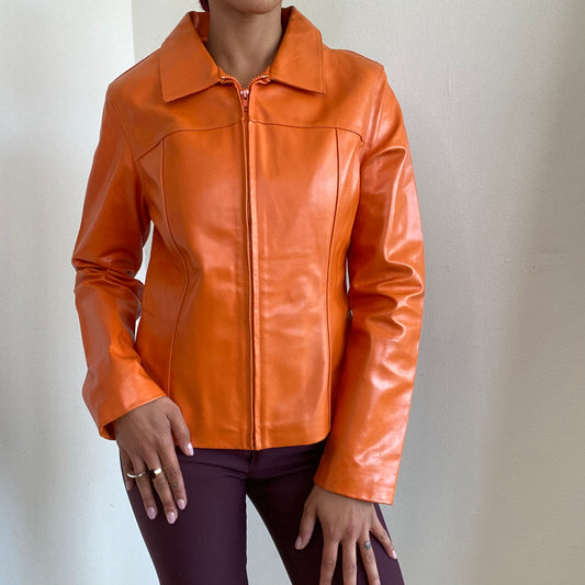 Vintage 90’s Funky Orange Faux Leather Jacket with Zipper (S/M)