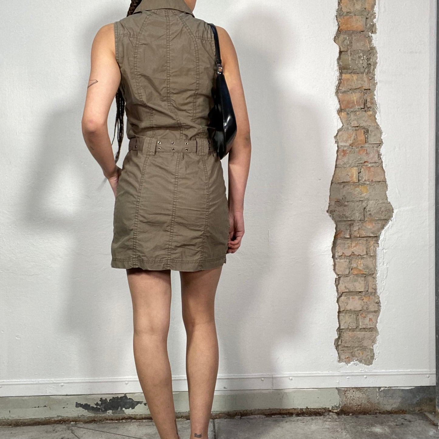 Vintage 90's Downtown Girl Brown Cargo Mini Dress with Waist Belt (S/M)