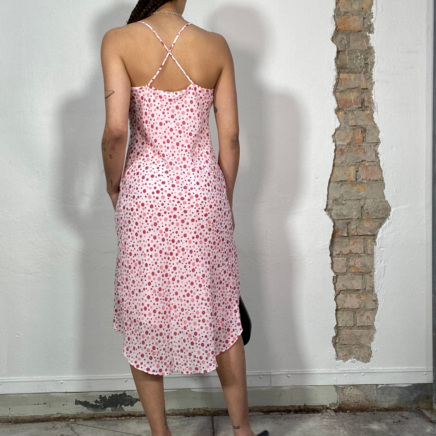 Vintage 2000's Funky Light Pink Midi Dress with Dot Print (S)