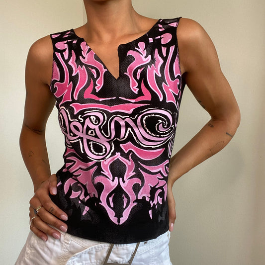 Vintage 90's Skater Black Tank Top With Pink Tribal Print (S/M)