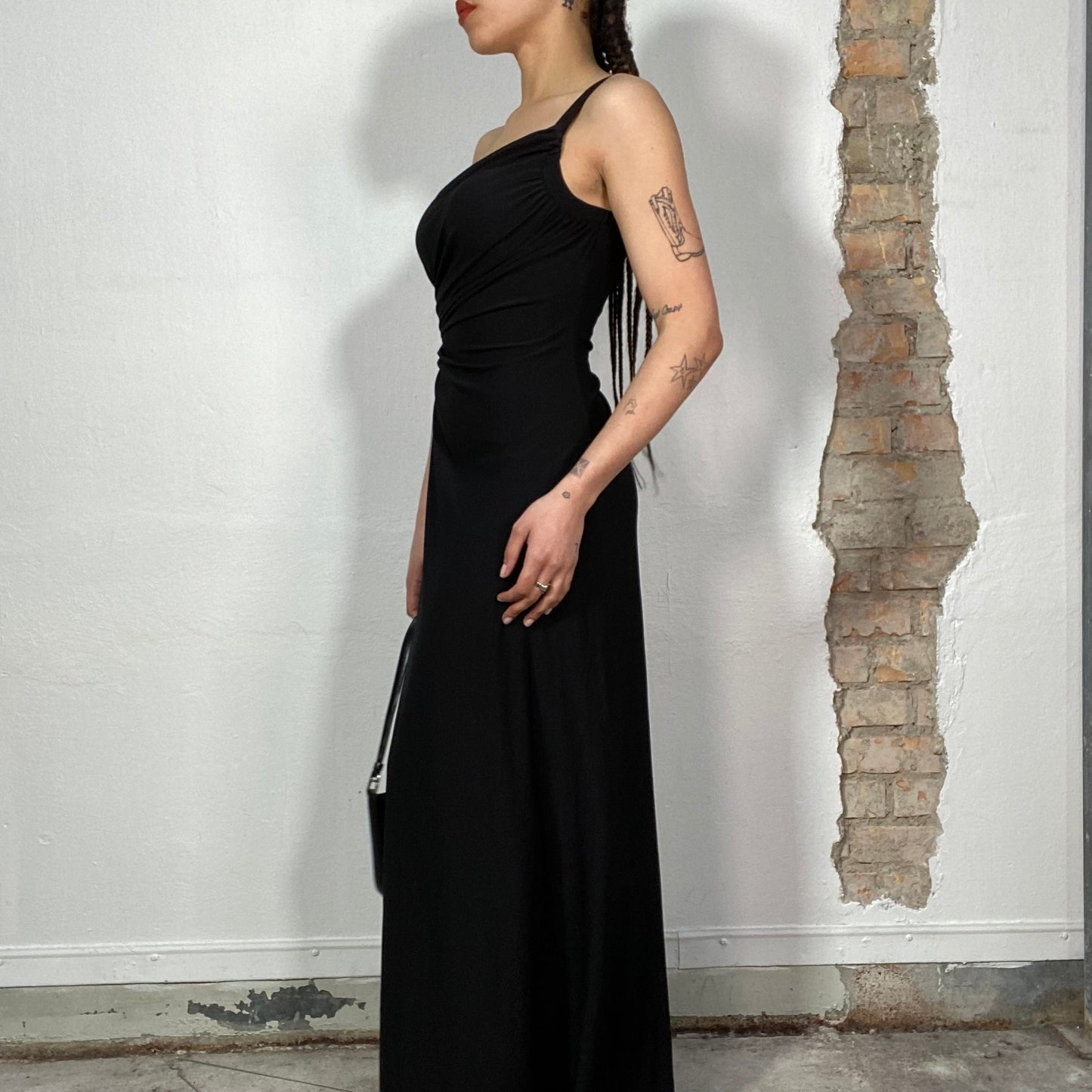 Vintage 2000's Festive Black One Shoulder Maxi Dress with Rhinestone Waist Detail (S)