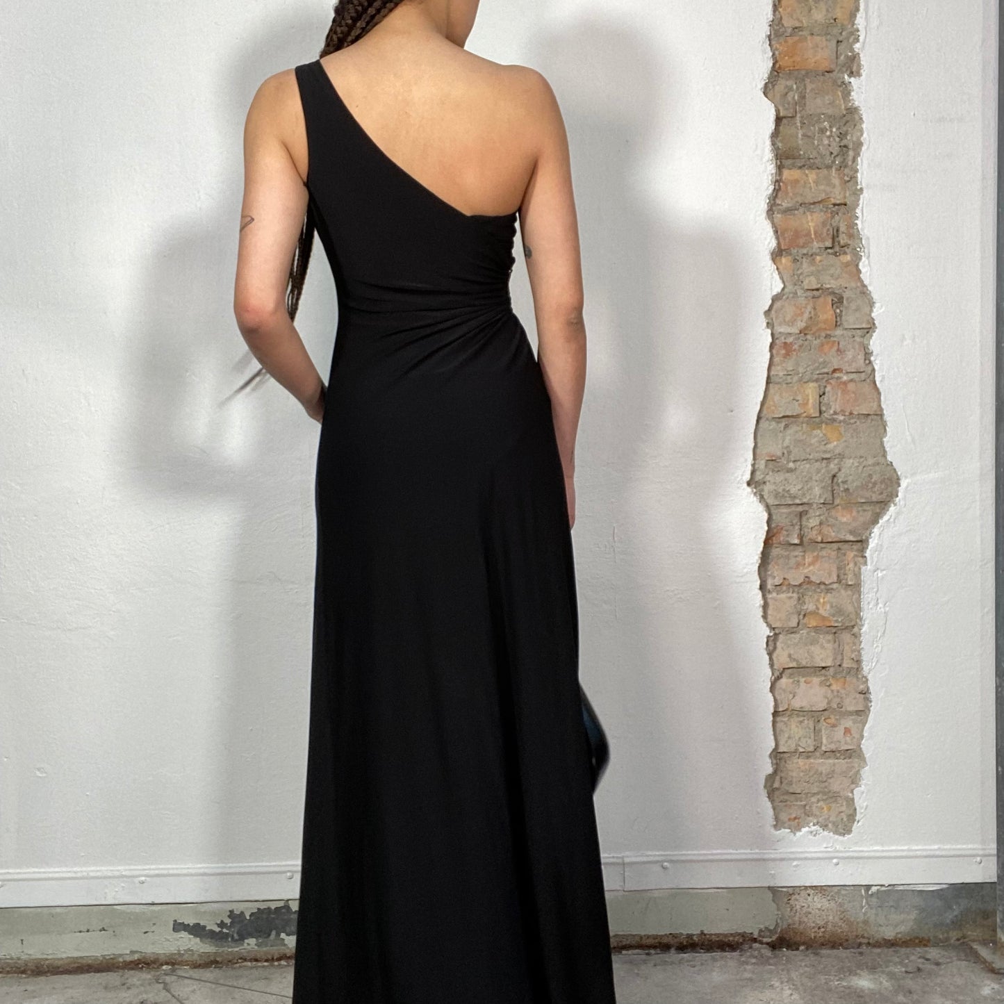 Vintage 2000's Festive Black One Shoulder Maxi Dress with Rhinestone Waist Detail (S)