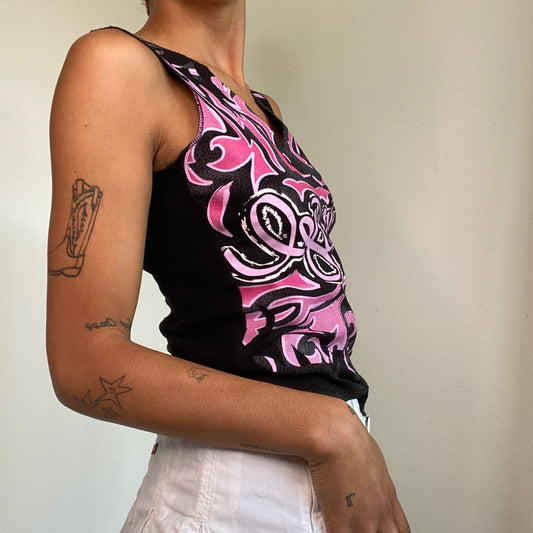 Vintage 90's Skater Black Tank Top With Pink Tribal Print (S/M)