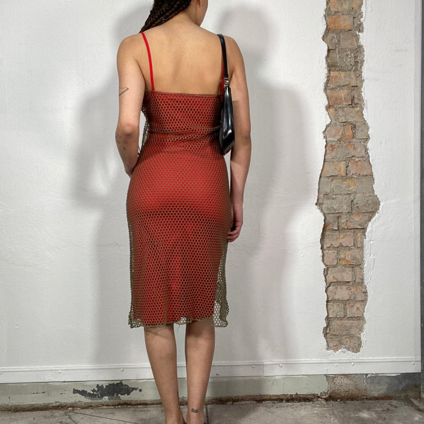 Vintage 2000's Skater Red Dress with Khaki Net Over Layer (S/M)