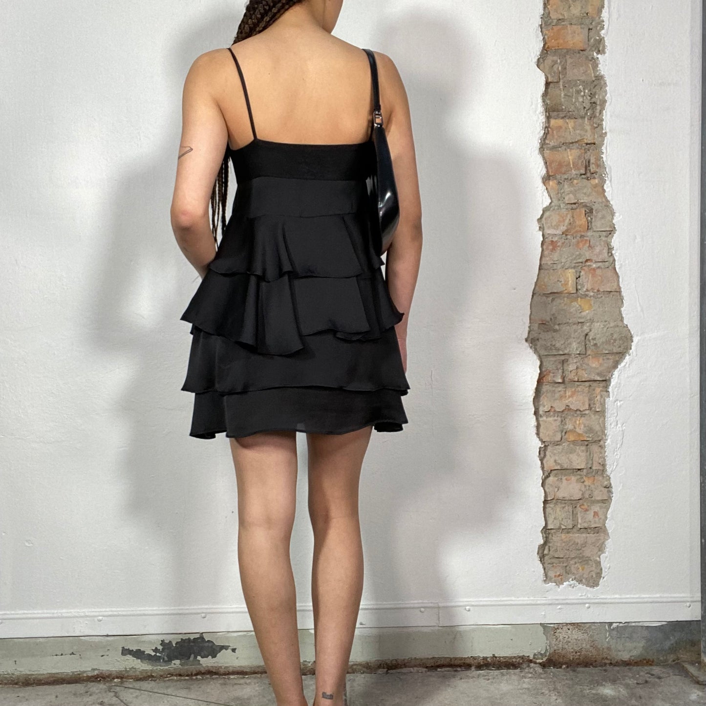 Vintage 2000's Festive Black Silky Layered Mini Dress (S)