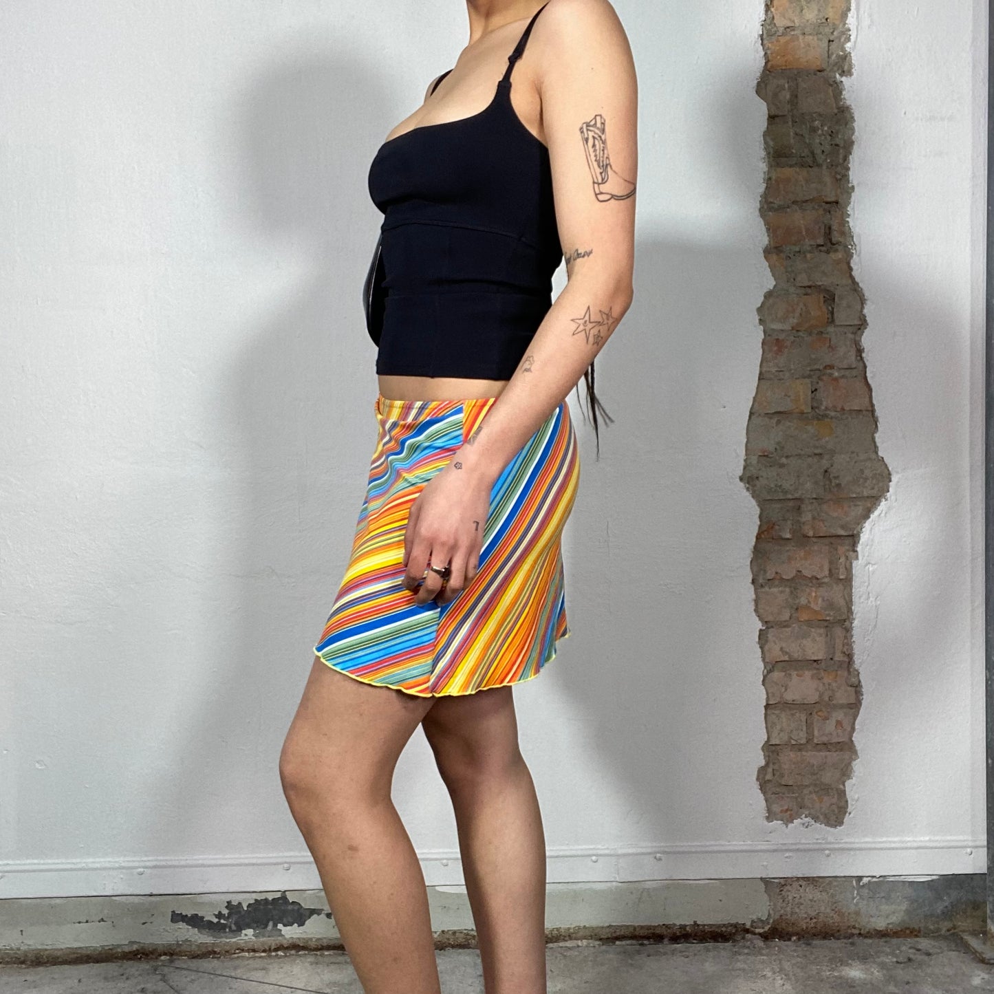 Vintage 2000's Funky Rainbow Striped Stretchy Mini Skirt (S)