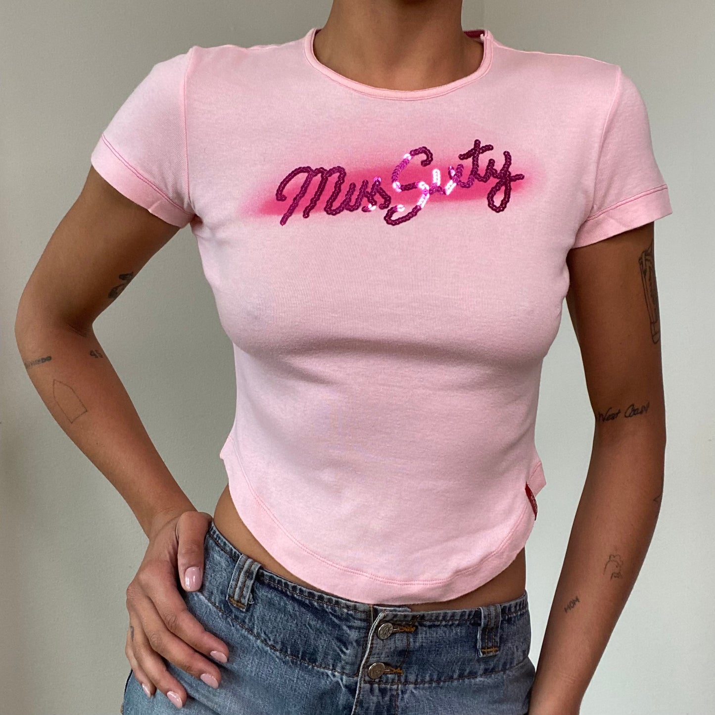 Vintage 90's Archive Miss Sixty Pink Sequin Logo Baby Tee (S)