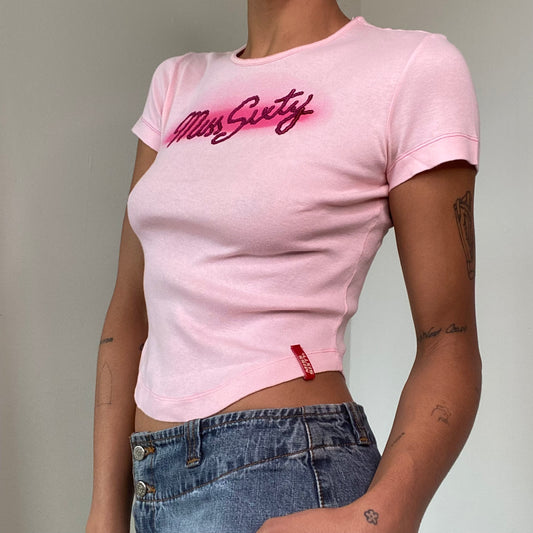 Vintage 90's Archive Miss Sixty Pink Sequin Logo Baby Tee (S)