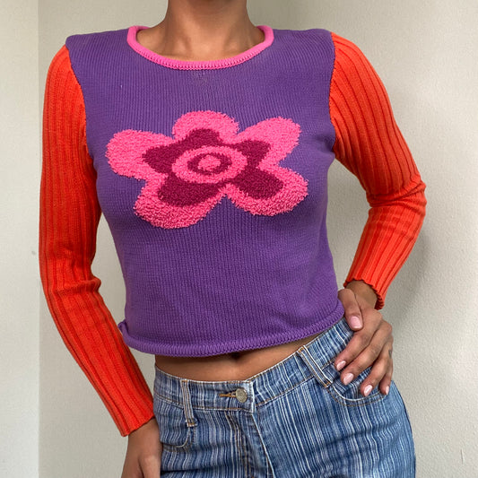 Vintage 90's Style Funky Knit Sweater with Flower Print (S)