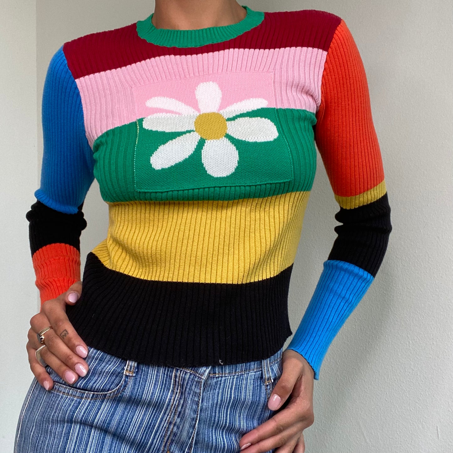 Vintage 90's Style Funky Rainbow Knit Sweater with Flower Print (S)