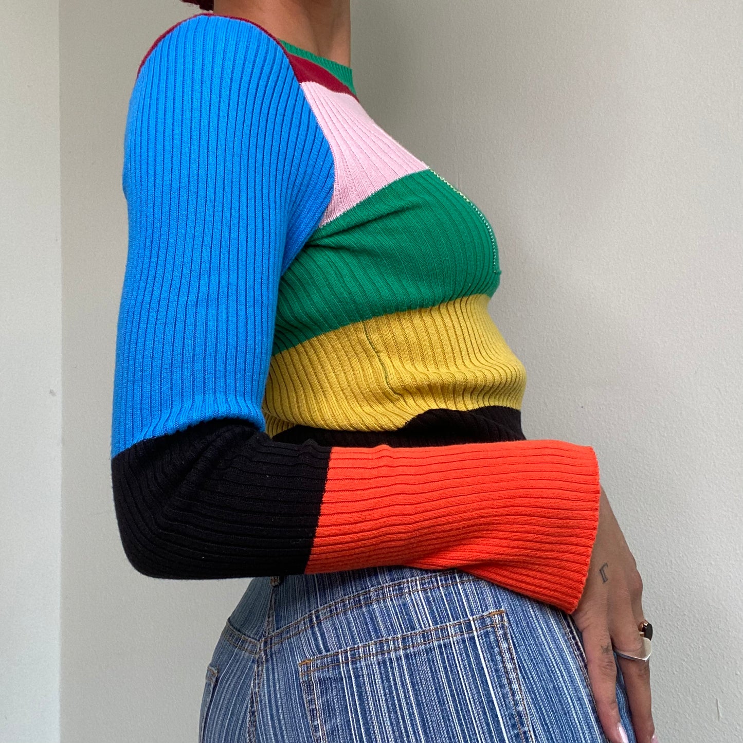 Vintage 90's Style Funky Rainbow Knit Sweater with Flower Print (S)