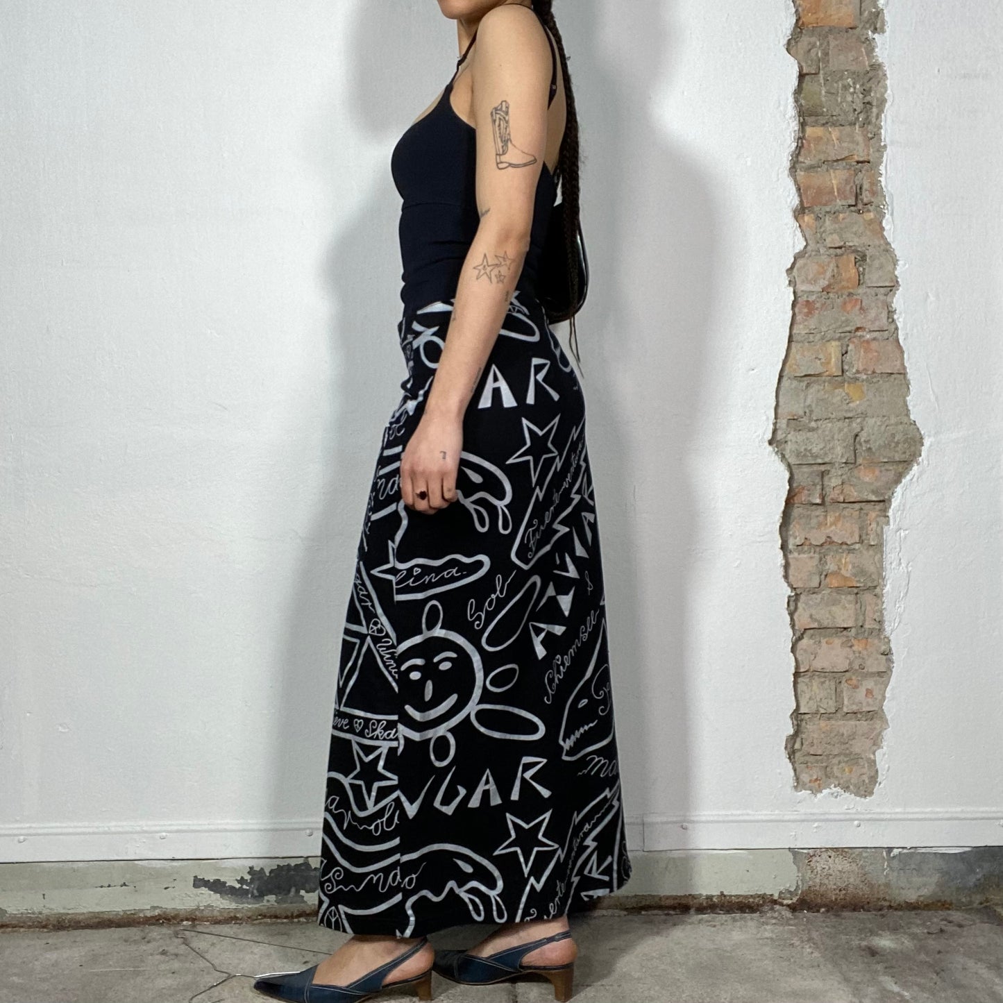 Vintage 2000's Chiemsee Funky Black Maxi Skirt with Funky White Print (S)