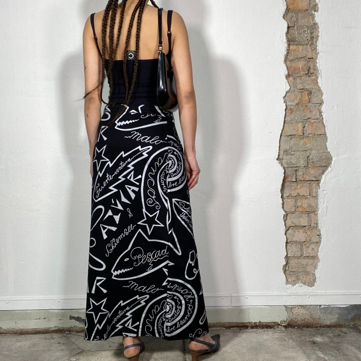 Vintage 2000's Chiemsee Funky Black Maxi Skirt with Funky White Print (S)