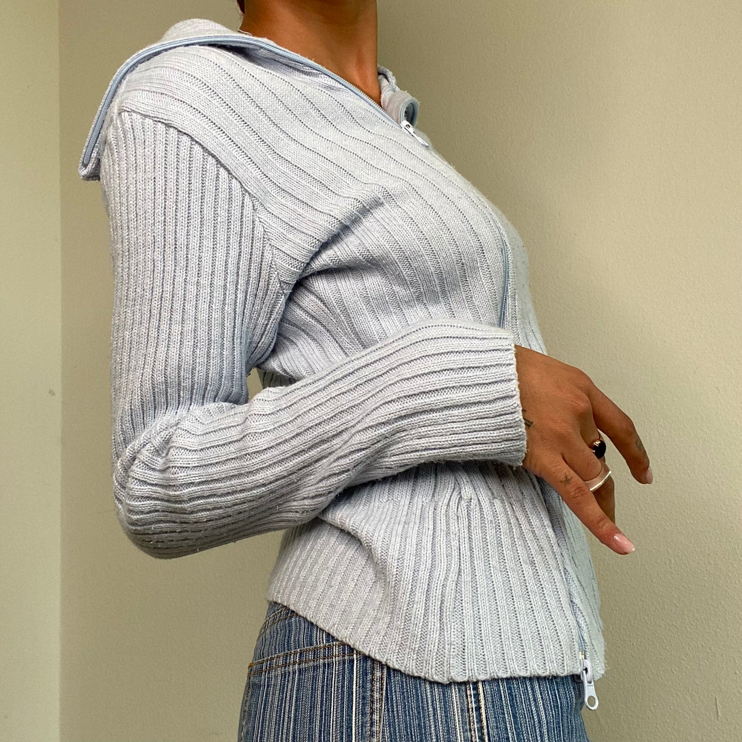 Vintage 90's Asymmetrical Baby Blue Zipper Knit Sweater (M/L)