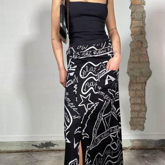 Vintage 2000's Chiemsee Funky Black Maxi Skirt with Funky White Print (S)
