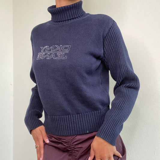 Vintage 90's DKNY Navy Logo Knit Turtle Neck Sweater (S/M)