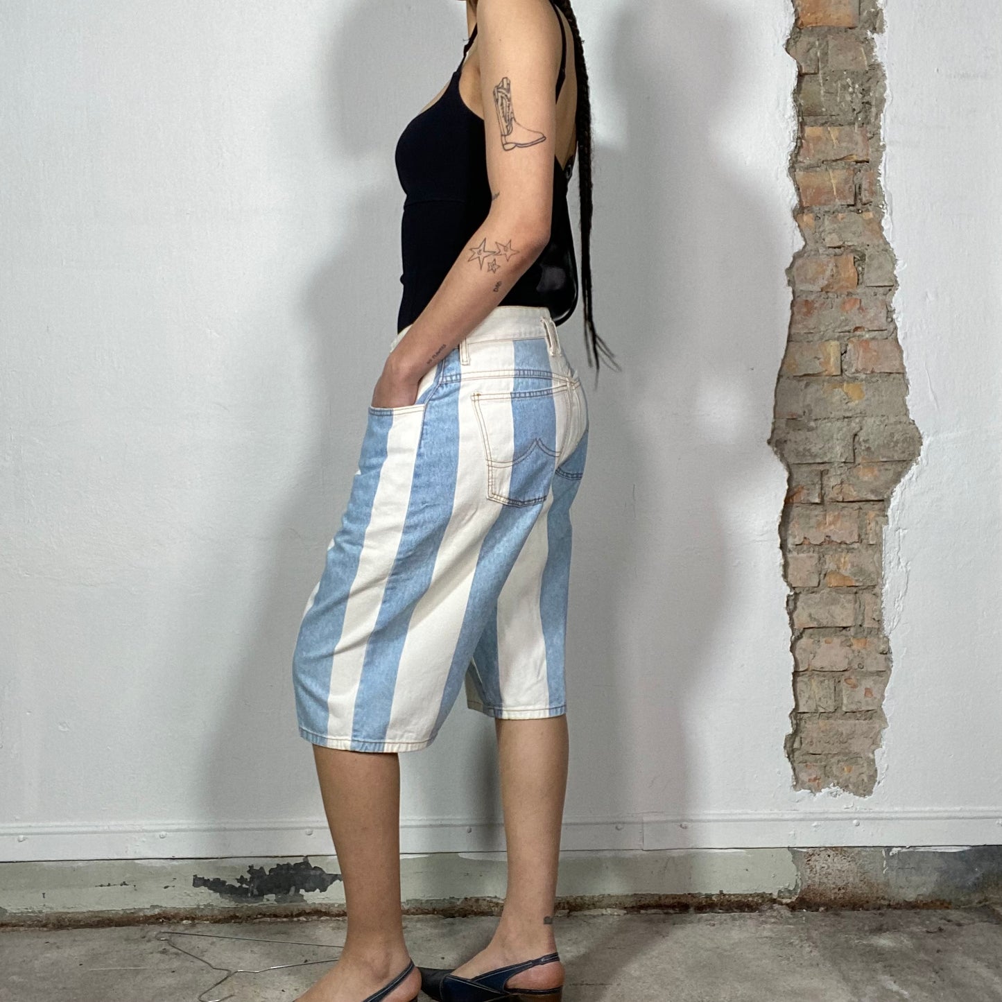 Vintage 90's Streetstyle White and Blue Striped Denim Jorts (M)