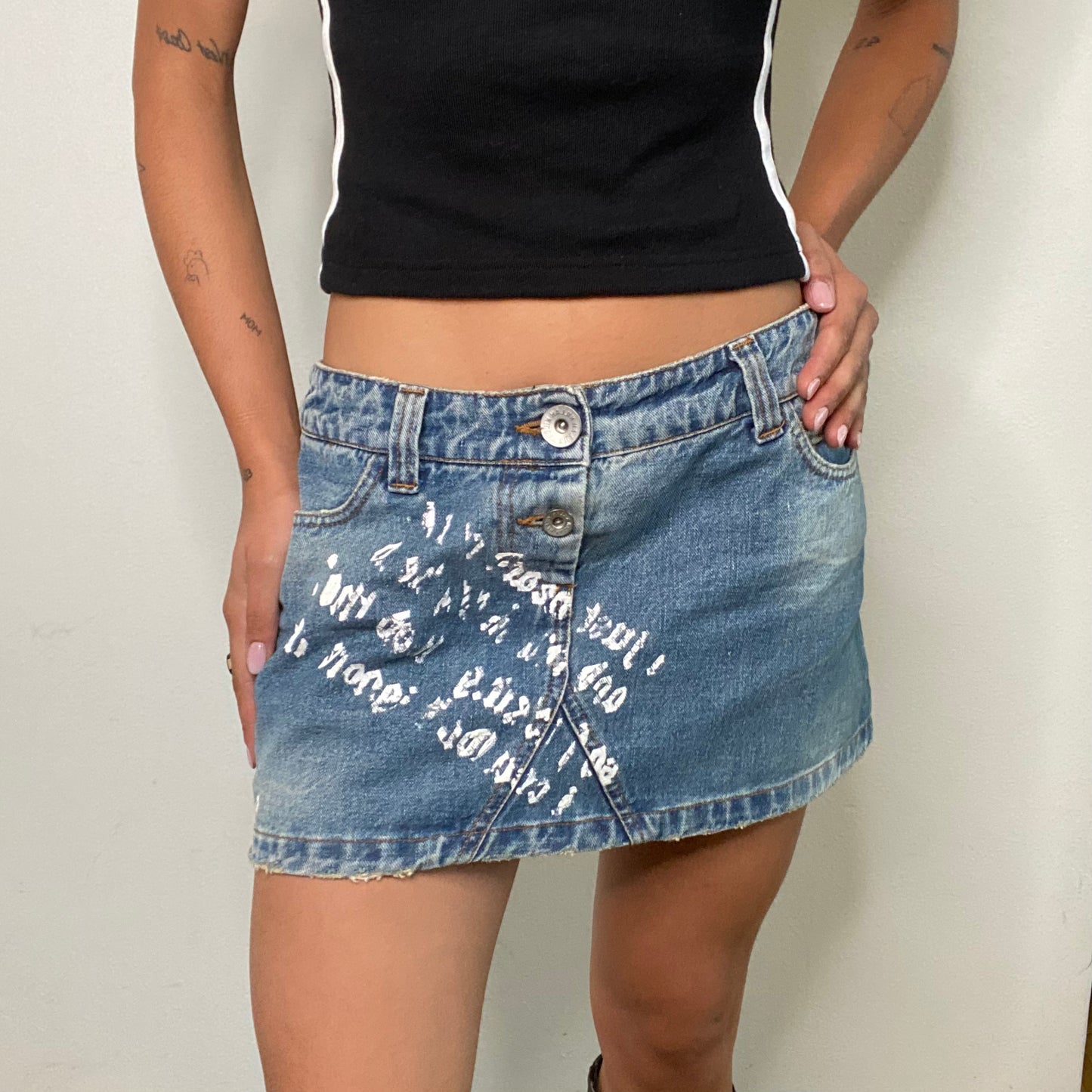 Vintage 90's Grunge Denim Mini Skirt with Plaid and Writing Details (M)