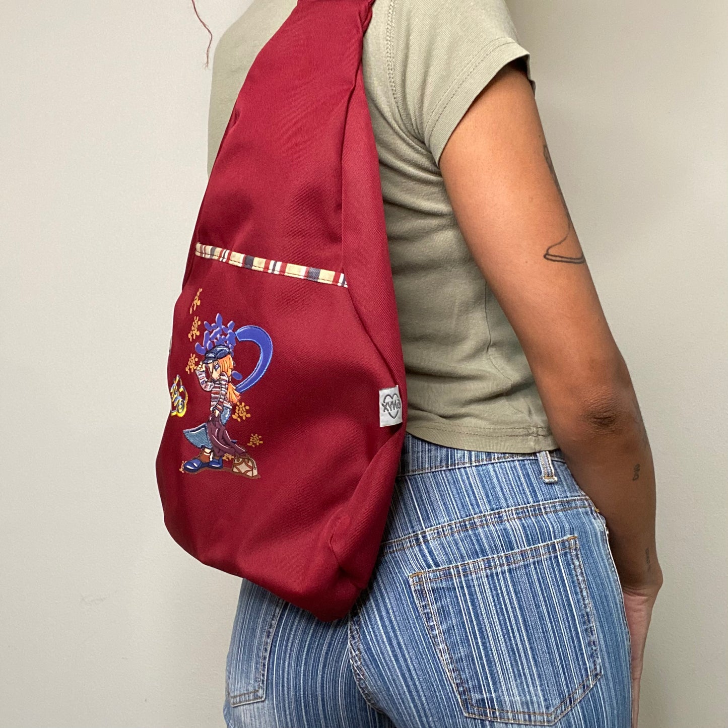 Vintage 90's Skater Bordeaux One Shoulder Backpack with Skater Girl Print