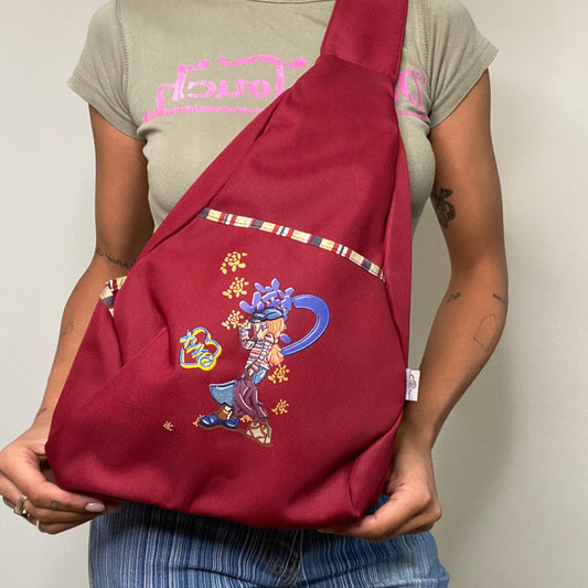 Vintage 90's Skater Bordeaux One Shoulder Backpack with Skater Girl Print