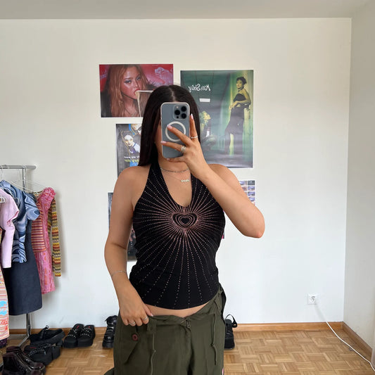 Vintage 90's Rockstar Black Halter Top with Diamante Heart Detail (S/M)