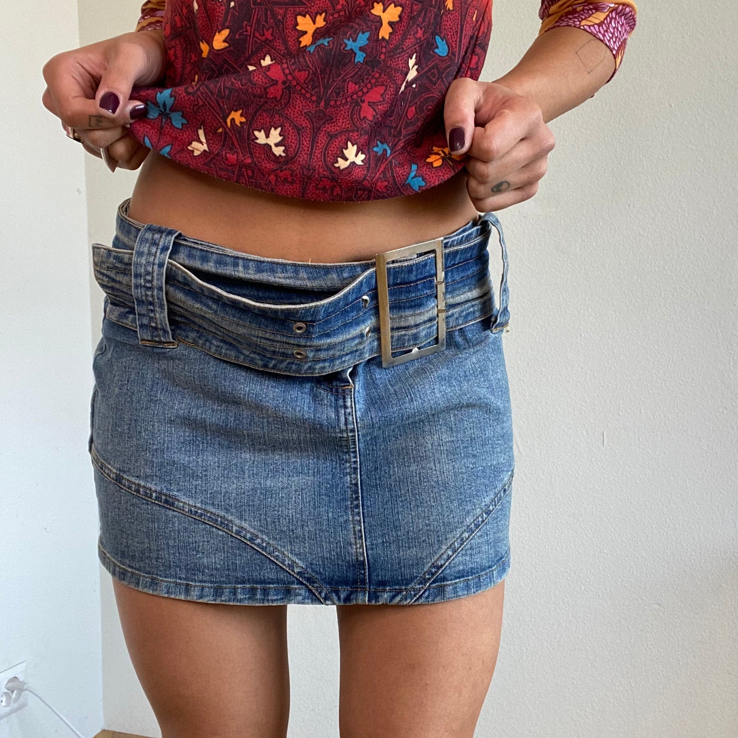 Vintage 90's Rockstar Denim Mini Skirt with Buckle Belt (M)