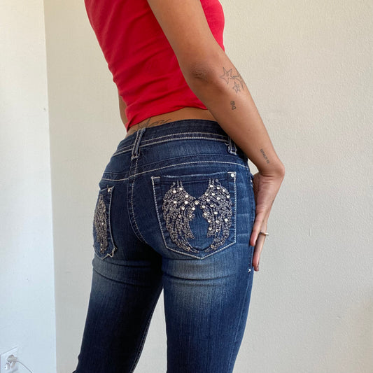 Vintage Y2K Cyber Dark Washed Jeans with Angel Rhinestone Details (S)