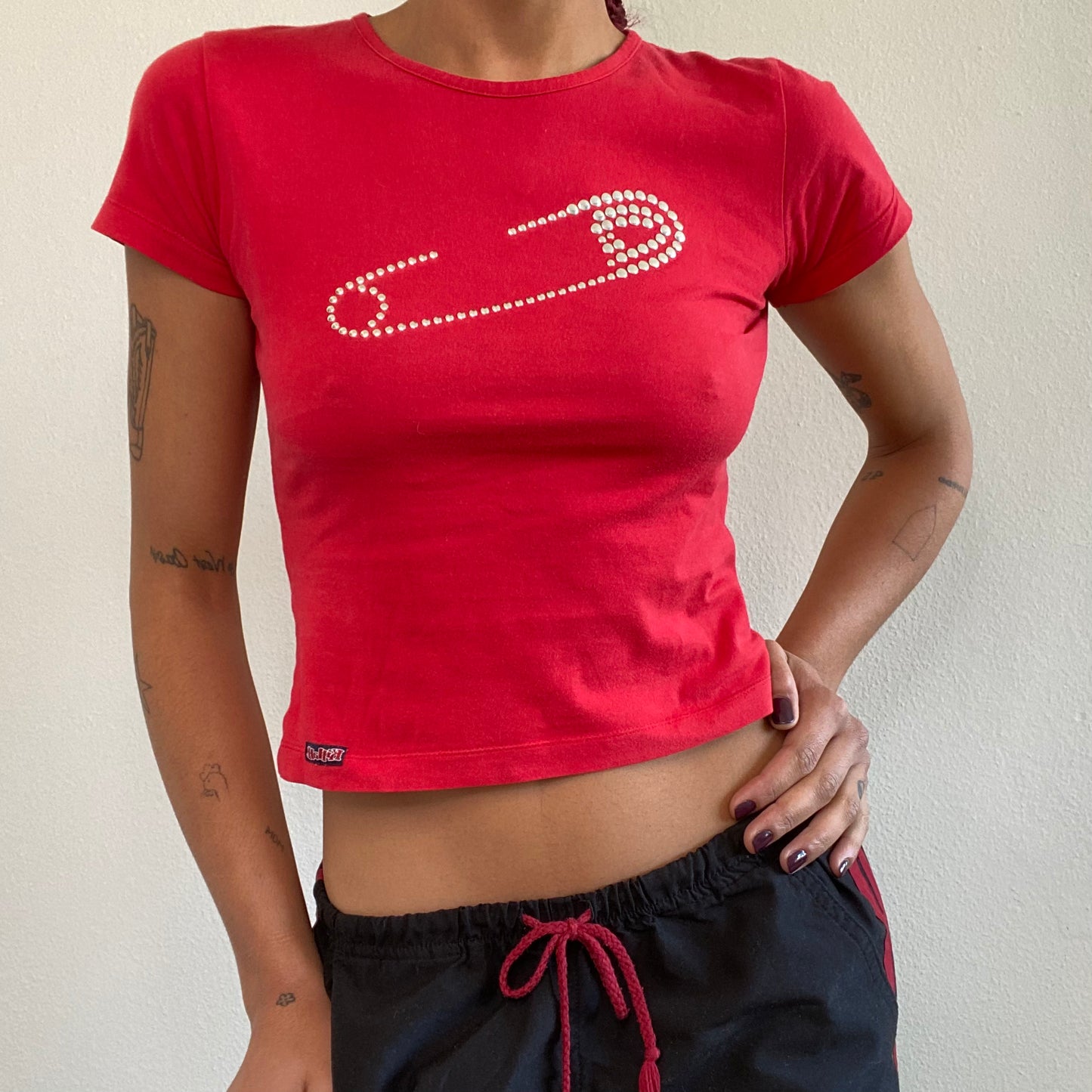 Vintage 90's Killah Miss Sixty Red Baby Tee with Rhinestone Safety Pin Print (S)