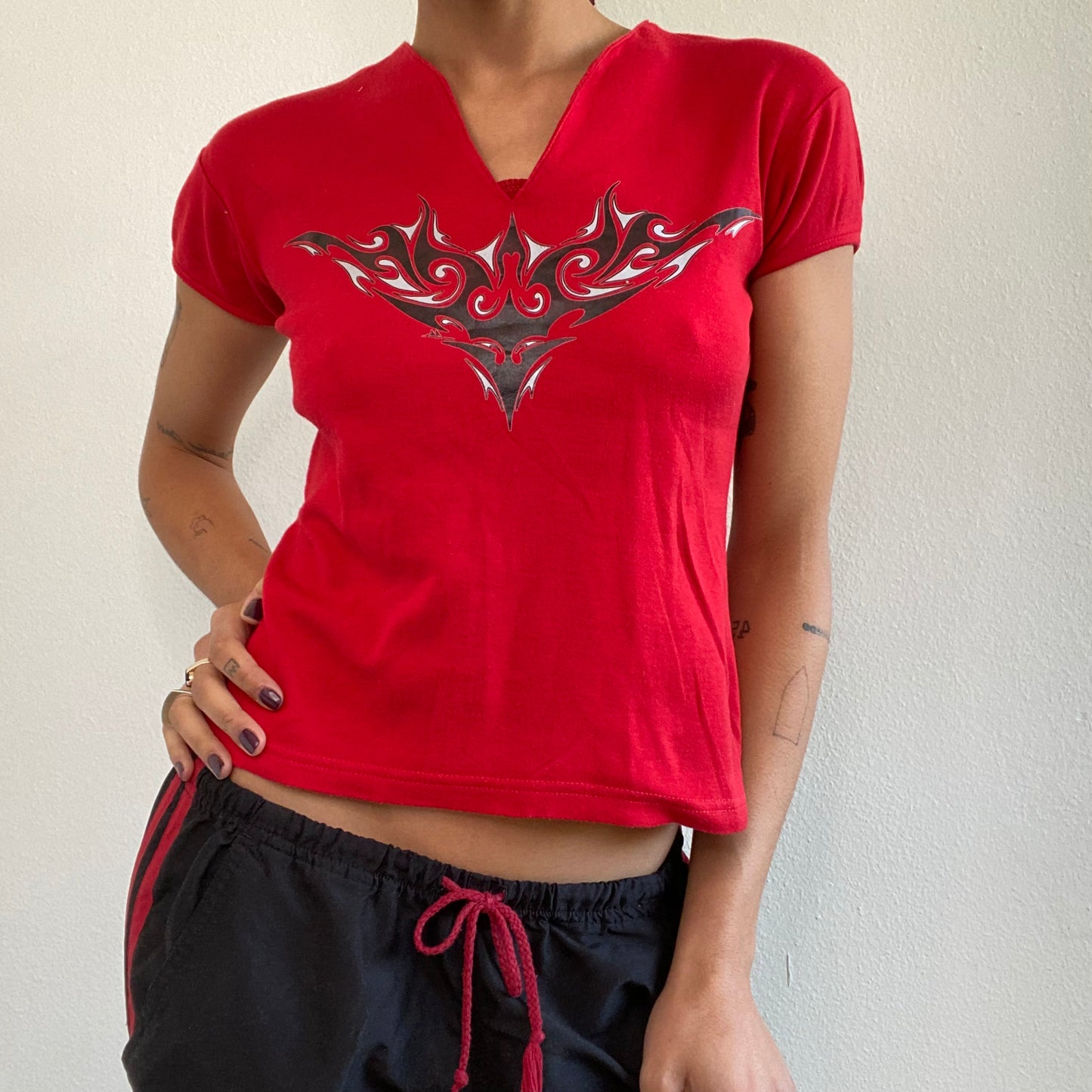 Vintage 90's Skater Red Shirt with Black Tribal Print (M)