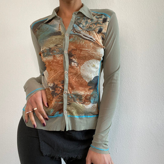 Vintage 90's Artsy Print Mesh Button Up Blouse (M)