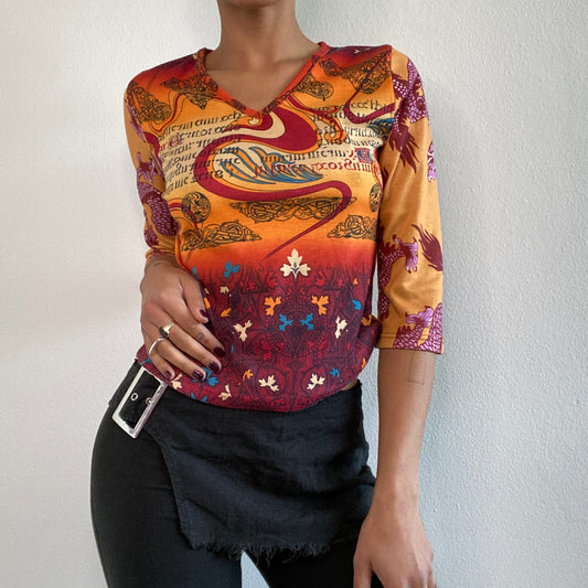 Vintage 90's Funky Orange Long Sleeve Top with Reinassance Print (S/M)