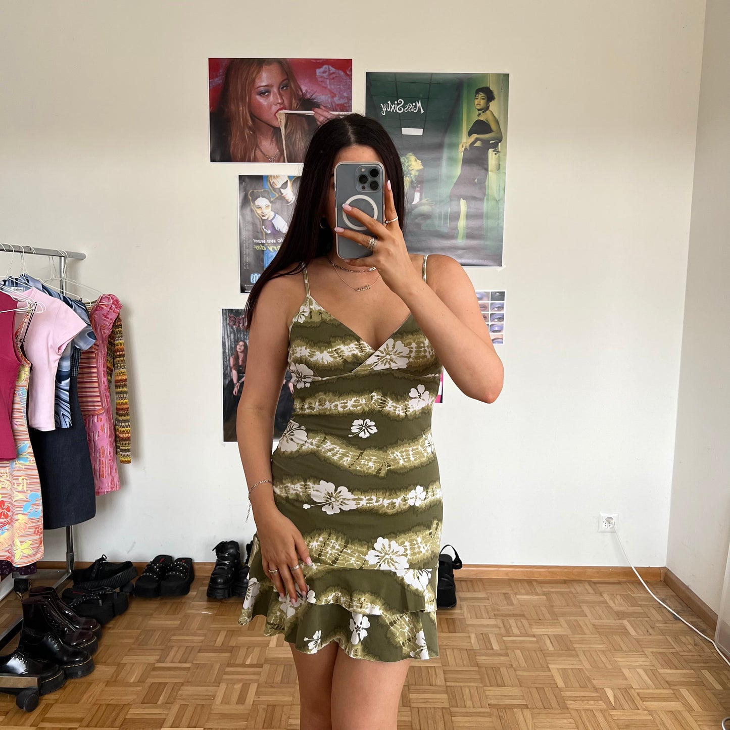 Vintage 90's Summer Green Hawaiian Print Dress (S/M)