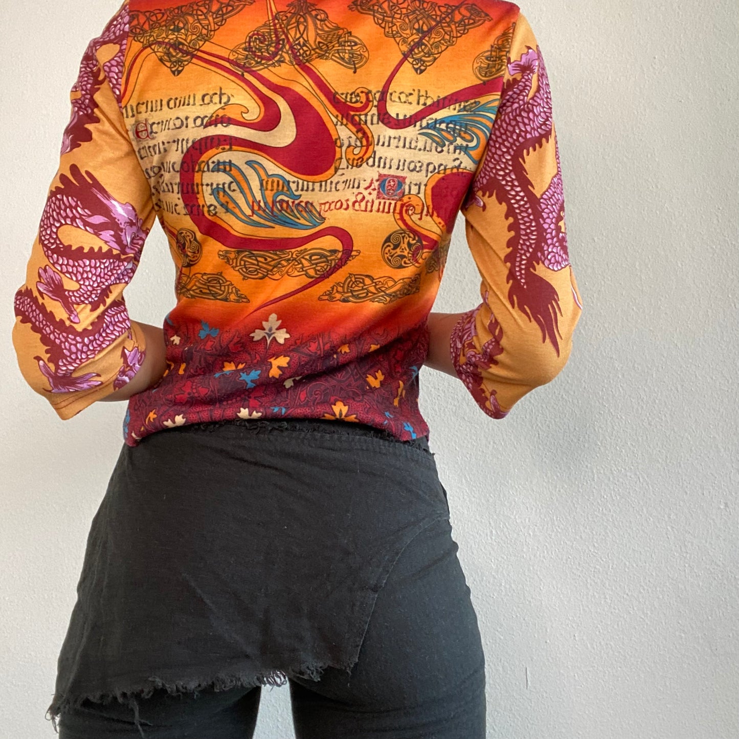 Vintage 90's Funky Orange Long Sleeve Top with Reinassance Print (S/M)