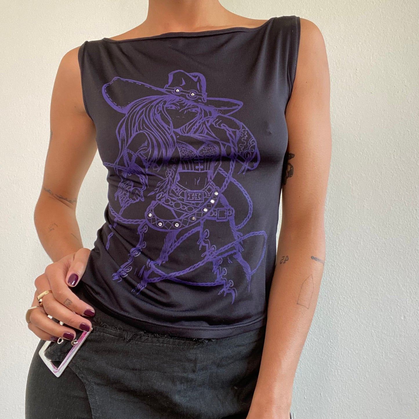 Vintage 90's Rockstar Black Top with Purple Cowgirl Print (M)