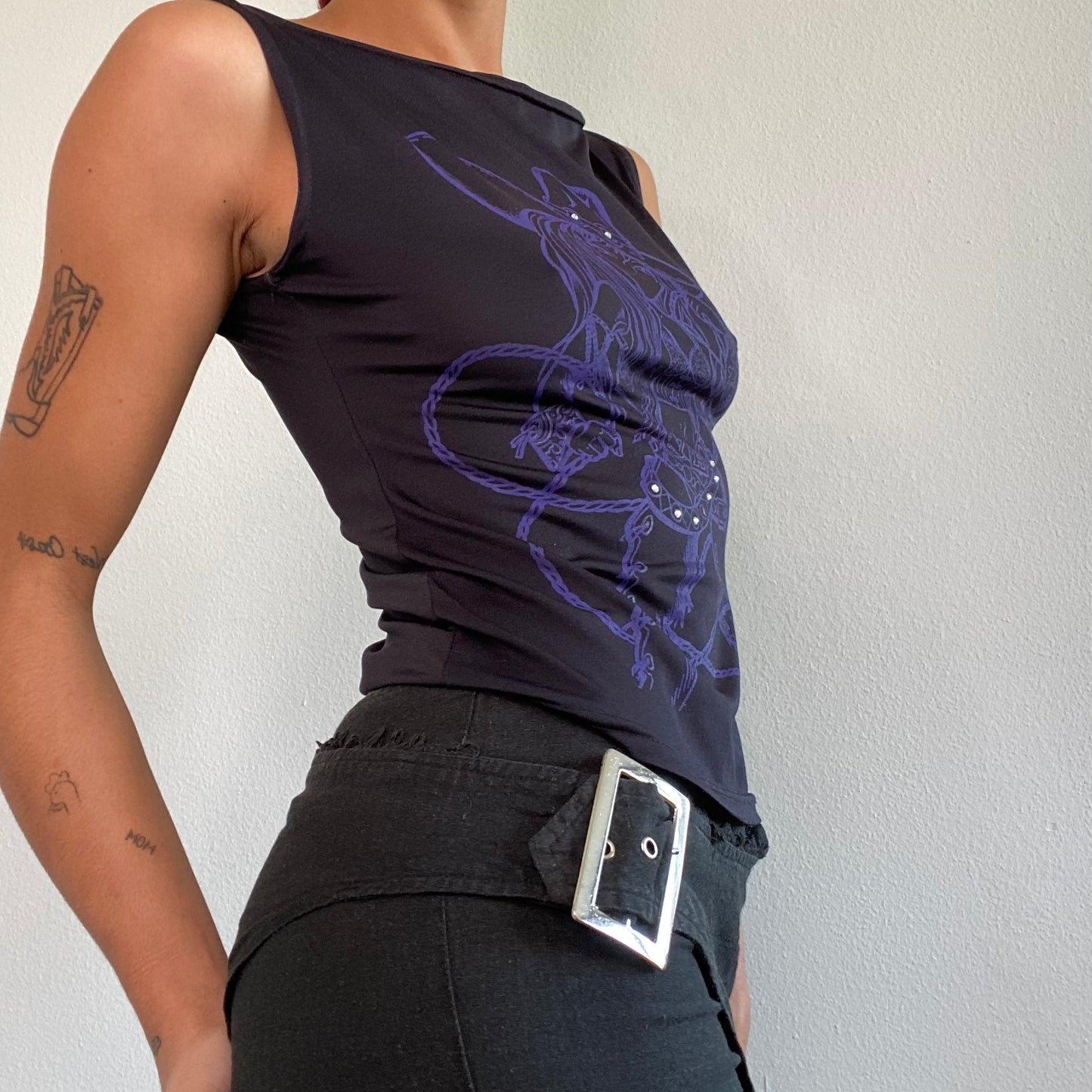 Vintage 90's Rockstar Black Top with Purple Cowgirl Print (M)