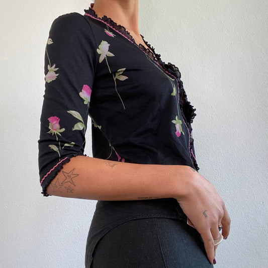 Vintage 90's Fairy Whimsigoth Black Front Tie Top with Pink Flower Print (S/M)