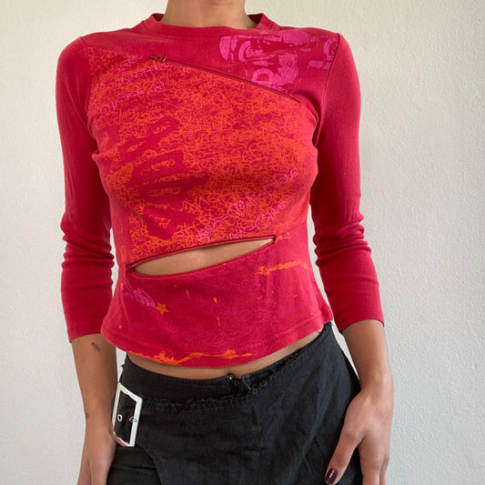 Vintage 90's Skater Red Longsleeve Top with Functional Zipper (XS)