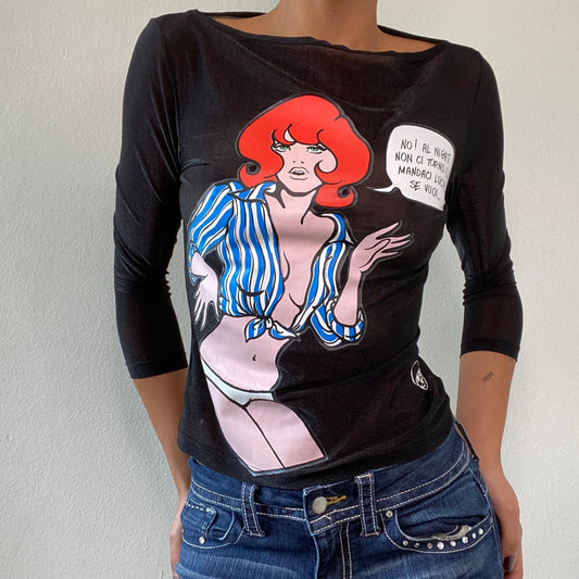 Vintage 90's Archive Miss Sixty Black Mesh Top with Pop Art Print (S/M)