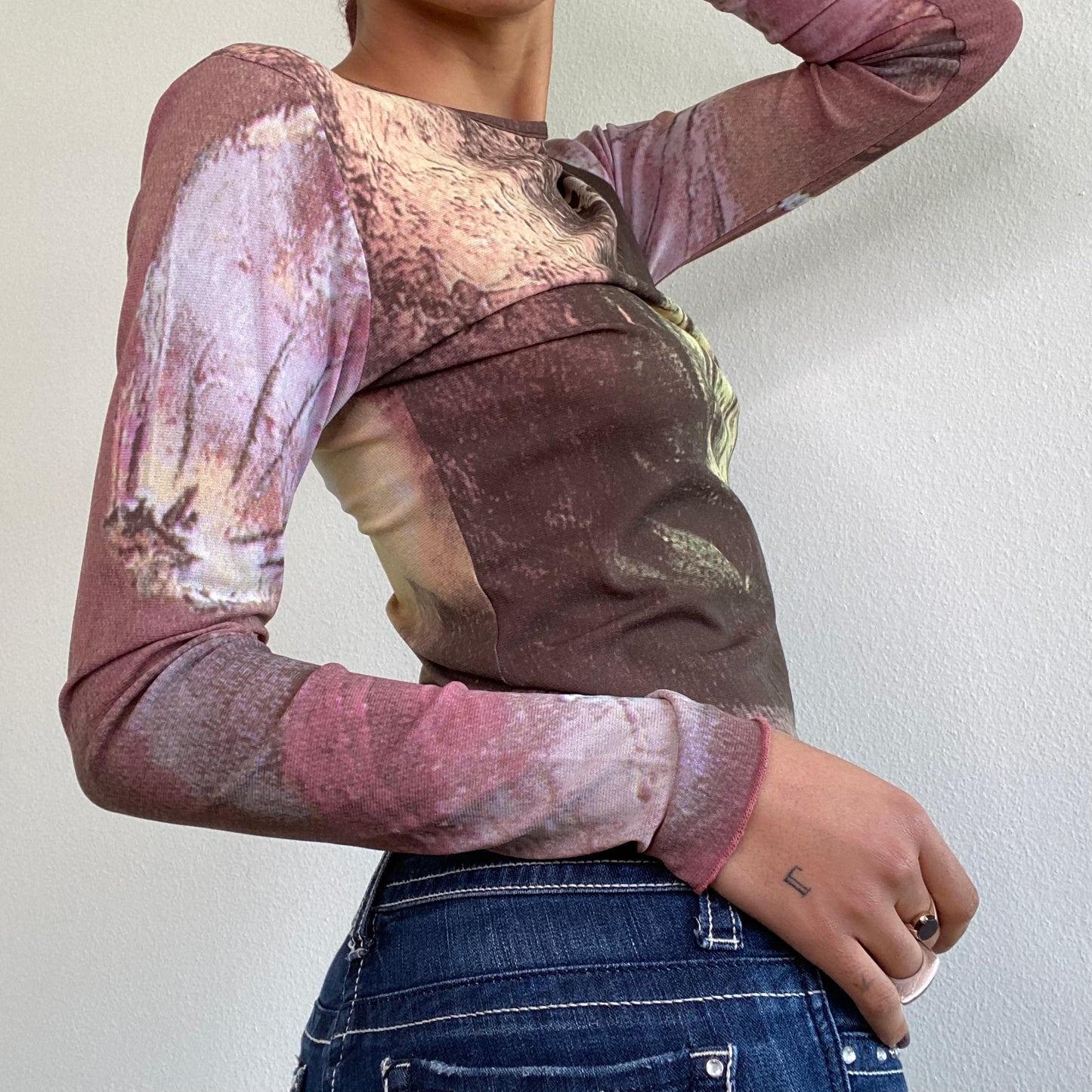 Vintage 90's Archive Cop Copine Brown and Pink Mesh Longsleeve Top (S)