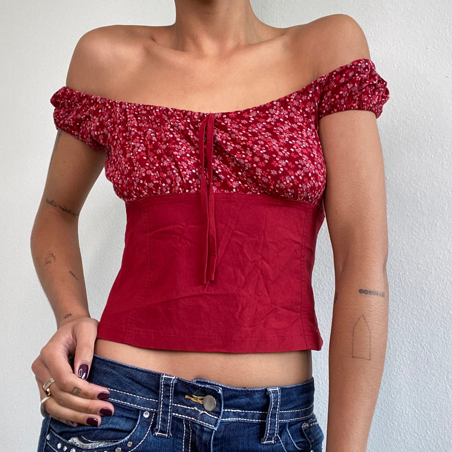 Vintage 90's Milkmaid Bordeaux Red Top With Floral Print (S/M)