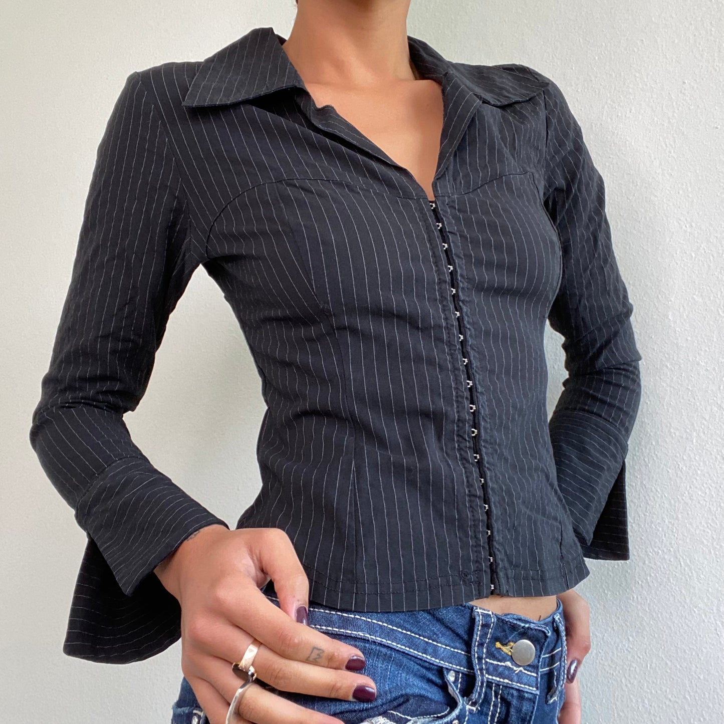 Vintage 90's Rachel Green Black Pinstripe Hook and Eye Blouse (S/M)